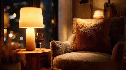 Aufkleber - Cozy Armchair and Table with Warm Lamp Light and Wine Glass in a Luxurious Room at Night, Representing Relaxation and Home Comfort : Generative AI