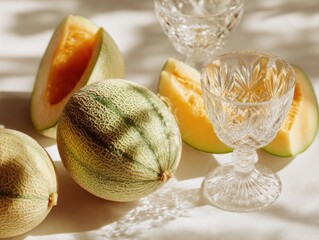 Poster - Fresh Cantaloupe Melons and Slices with Crystal Glasses in Sunlight, Representing Healthy Eating and Summer Refreshment : Generative AI