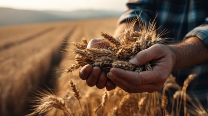 Aufkleber - Farmer Holding Wheat Harvest in Field at Sunset, Representing Agriculture and Food Security, Suitable for Sustainable Farming Concepts : Generative AI
