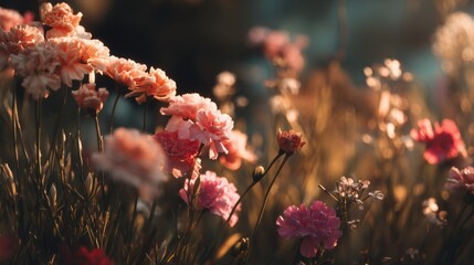 Aufkleber - Close-up of Pink and Peach Flowers in Soft Golden Hour Light, Capturing Natural Beauty and Tranquility : Generative AI