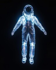 Poster - Luminous Blue Astronaut in Dark Space: Digital Pixel Art