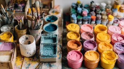 Aufkleber - Artist's Workspace With Jars of Colorful Pigment and Brushes, Showcasing Creativity and Artistic Expression for Creative Projects and Visual Arts Education : Generative AI
