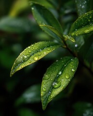 Poster - Close-Up of Green Leaves Covered in Water Droplets After Rain Showcasing Freshness and Natural Beauty for Gardening Content and Environmental Awareness : Generative AI