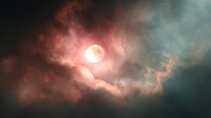 Poster - Red moon behind black clouds in dark abstract sky concept. A stunning view of a mysterious glowing moon amidst dark clouds.