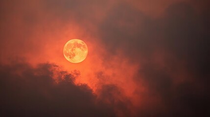Poster - Red moon behind black clouds in dark abstract sky concept. A stunning sunset with a glowing moon surrounded by clouds.