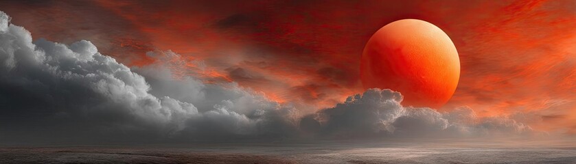 Poster - Red moon behind black clouds at night with abstract fire concept. A breathtaking sunset with vibrant red hues and dramatic clouds.
