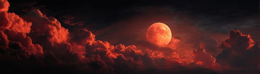 Poster - Red moon behind black clouds in dark abstract sky concept. A dramatic night sky showcasing a blood-red moon and dark clouds.