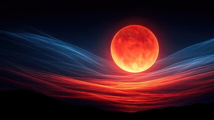 Poster - Red moon behind black clouds at night with abstract fire concept. A breathtaking view of a red moon illuminated by swirling clouds.