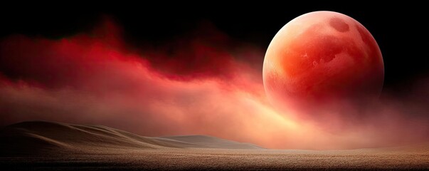 Poster - Red moon behind black clouds with abstract fire and smoke concept. A striking view of a blood moon over a desert landscape.
