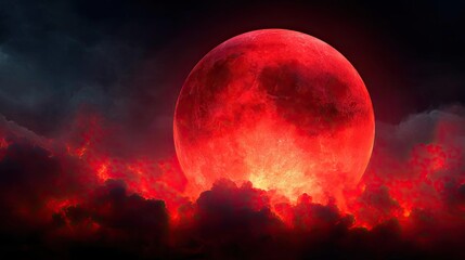 Poster - Red moon behind black clouds at night with abstract fire concept. A stunning red moon illuminating cloudy night sky.