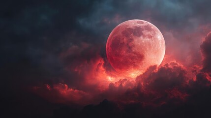 Poster - Red moon behind black clouds at night with abstract fire concept. A stunning red moon illuminating the dark, dramatic sky.