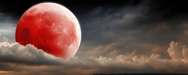 Poster - Red moon behind black clouds in dark abstract sky concept. Stunning capture of a blood moon illuminating dramatic clouds.
