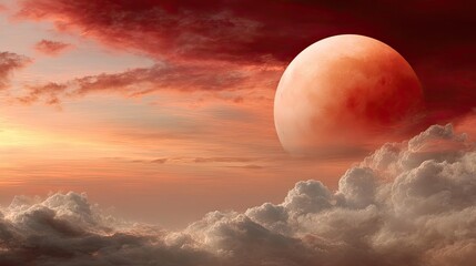 Poster - Red moon behind black clouds with abstract fire and smoke concept. Stunning clouds and a blood moon illuminating the evening sky.
