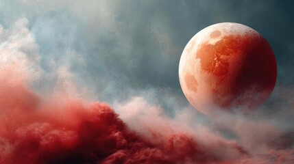 Poster - Red moon behind black clouds in dark abstract sky concept. Eerie lunar eclipse with red clouds and a mystic moon.