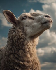 Poster - Close-Up of Sheep Looking Up at Cloudy Sky, Symbolizing Hope and Agricultural Beauty, for Use in Animal Welfare Campaigns or Rural Tourism Marketing : Generative AI