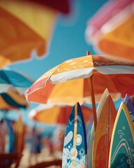 Poster - Surfboards Leaning Against Beach Umbrellas in Bright Sunlight, Symbolizing Summer Vacation and Coastal Relaxation for Travel and Leisure Promotion : Generative AI