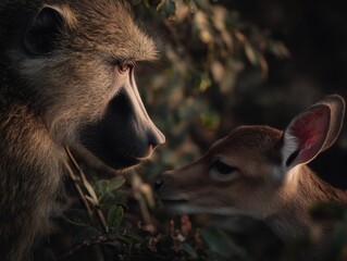 Aufkleber - Close-up of a Baboon and Young Deer-like Animal Looking at Each Other in a Natural Setting, Representing Wildlife Connection and Nature's Beauty : Generative AI