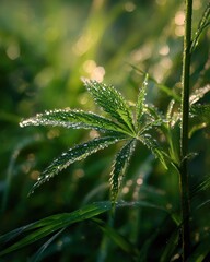 Aufkleber - Detailed Close-up of a Vibrant Green Cannabis Leaf Covered in Sparkling Dew Drops in a Lush Outdoor Setting, Symbolizing Natural Growth, Wellness, and Botanical Beauty Concepts : Generative AI