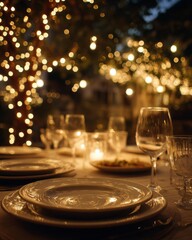 Poster - Elegant Dinner Table Setting Under String Lights at Night, Representing Celebration and Special Occasion Dining Experience With Warm Ambiance : Generative AI