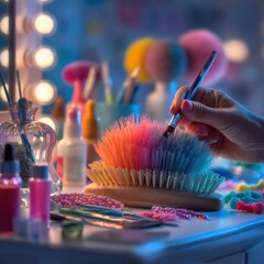 Aufkleber - Hand Painting a Colorful Hairbrush With a Fine Art Brush in a Beauty Studio Setting, Illustrating Creativity and Personal Expression for Lifestyle Content : Generative AI