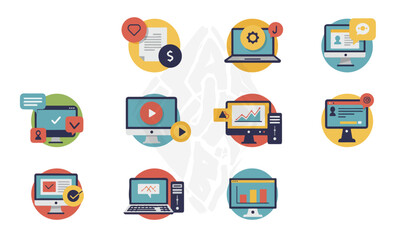  Flat Design Computer and Technology Icon Set, A vibrant set of flat design icons representing various computer and technology concepts, including data, communication, and user interfaces, in a clean 