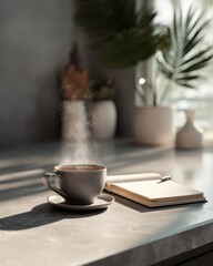Poster - Steaming Coffee Cup and Open Notebook on Countertop in Morning Light, Symbolizing Focus and Productivity for Remote Work and Creative Writing : Generative AI