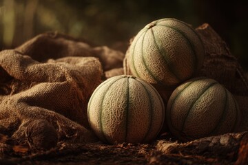 Poster - Three Fresh Cantaloupe Melons Rest on Rustic Burlap Fabric in Warm Sunlight, Representing Natural Harvest, Healthy Food, Abundance, and Sustainable Agriculture : Generative AI