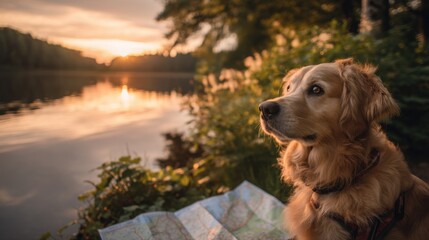 Poster - Golden Retriever Dog Sitting by a Serene Lake Shore at Golden Sunset Light with a Map, Symbolizing Adventure, Exploration, and Loyal Companionship : Generative AI