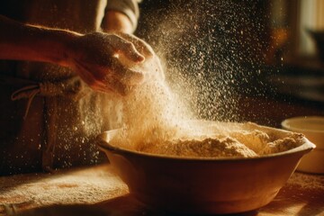 Aufkleber - Hands Sifting Flour into a Bowl in Warm Kitchen Light, Creating a Cloud of Dust, Representing Homemade Baking, Traditional Craft, and Culinary Preparation : Generative AI
