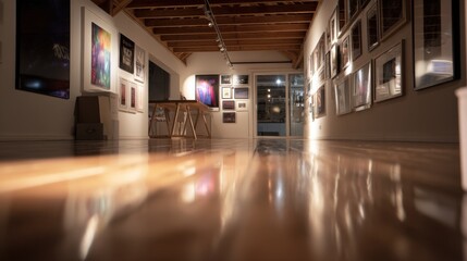 Poster - Empty Art Gallery Interior with Warm Light and Strong Reflections on Polished Wooden Floor Showcasing Space for Creativity and Business : Generative AI