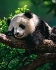Poster - Giant Panda Sleeping Peacefully on a Tree Branch in Lush Green Forest, Representing Wildlife Conservation and Tranquility : Generative AI