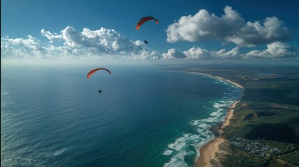 Poster - Paraglider Soaring Over Ocean Coastline With Clouds in Aerial View, Representing Adventure and Extreme Sports Travel Destination : Generative AI