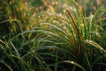 Aufkleber - Close Up of Dew Drops on Vibrant Green Grass Blades in Morning Light, Representing Freshness and Natural Growth : Generative AI