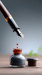 Poster - Close-up of calligraphy in progress, hand holding dip pen, ink bottle beside, visible paper grain, calm ambient light, plenty of copyspace, warm and handmade feel