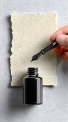 Poster - Close-up of calligraphy in progress, hand holding dip pen, ink bottle beside, visible paper grain, calm ambient light, plenty of copyspace, warm and handmade feel