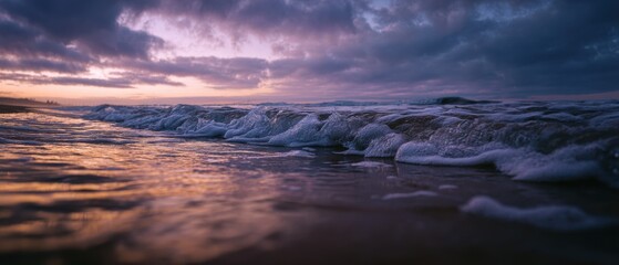 Poster - Low Angle View of Ocean Wave Breaking on Sandy Beach at Sunset or Sunrise, Capturing Coastal Tranquility, Natural Beauty, and Travel Inspiration : Generative AI