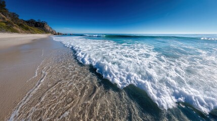 Poster - Ocean Wave Crashing on Sandy Shoreline Under Clear Blue Sky, Evoking Summer Relaxation and Coastal Getaway Travel Destination : Generative AI