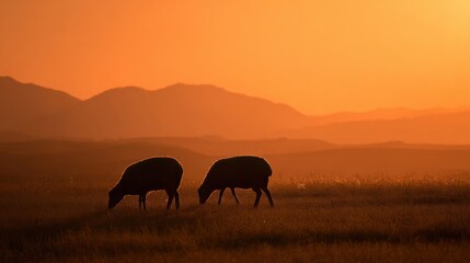 Aufkleber - Two Sheep Grazing in a Field at Sunset With Mountain Backdrop, Representing Rural Tranquility and Sustainable Agriculture : Generative AI