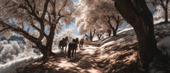 Poster - Horses Walking Away on a Sunlit Dirt Path Through a Surreal White Forest, Evoking a Sense of Journey and Natural Exploration : Generative AI