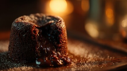 Poster - Decadent Chocolate Lava Cake with Molten Center and Powdered Sugar in Warm Restaurant Setting Capturing Indulgence and Dessert Craving : Generative AI