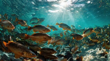 Poster - School of Fish Swimming Underwater in Turquoise Water With Sun Rays, Illustrating Marine Life and Conservation Awareness : Generative AI