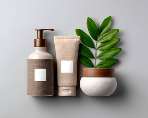 Poster - Flat lay of natural skincare products with hand-labeled tags, arranged on rough linen, dried herbs nearby, copyspace present, authentic and handmade branding feel