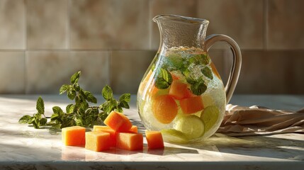 Aufkleber - Refreshing Cantaloupe and Lime Infused Water in Glass Pitcher on Marble Countertop, Suggesting Hydration and Healthy Lifestyle Choices for Summer Refreshment : Generative AI