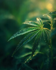 Aufkleber - Close-Up of Cannabis Leaf with Water Droplets in Natural Light, Symbolizing Herbal Medicine and Alternative Therapy for Relaxation and Stress Relief : Generative AI