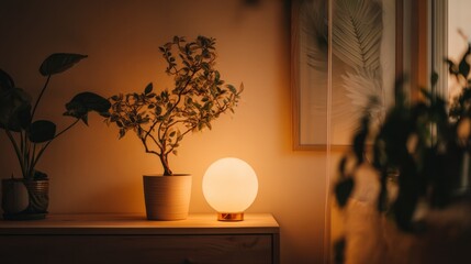 Fototapete - Warm Globe Lamp and Potted Plants on Wooden Table Creating a Cozy Evening Home Atmosphere Representing Comfort and Relaxation : Generative AI