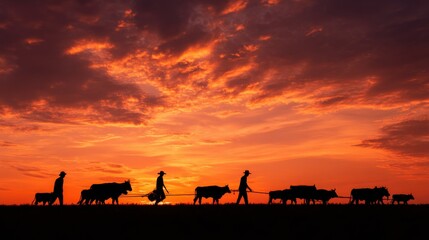 Aufkleber - Silhouette of Farmers Leading Cattle at Fiery Sunset, Representing Agriculture and Rural Lifestyle with Themes of Tradition and Heritage : Generative AI