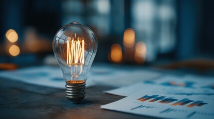 Aufkleber - Glowing Edison Light Bulb on Desk with Business Charts at Night, Symbolizing Idea Generation and Data Driven Innovation : Generative AI