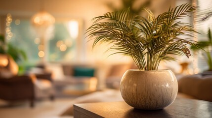 Poster - Small Potted Palm Plant on a Dark Wooden Table in a Warm and Cozy Living Room Interior Scene, Capturing the Feeling of Home Comfort and Relaxation for Interior Design Concepts : Generative AI