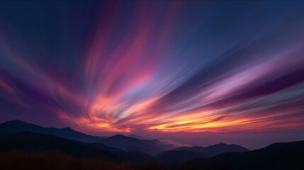 Aufkleber - Vibrant Sunset Sky Over Mountain Range With Streaking Clouds, Representing Natural Beauty and Peaceful Escape for Travel and Tourism Promotion : Generative AI