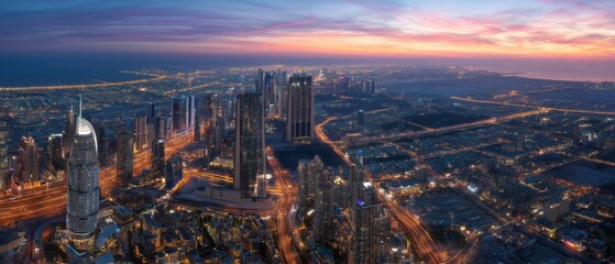 Aufkleber - High-Angle View of Modern City Skyline at Sunset With Busy Roads and Light Trails, Representing Global Business Technology and Urban Development : Generative AI